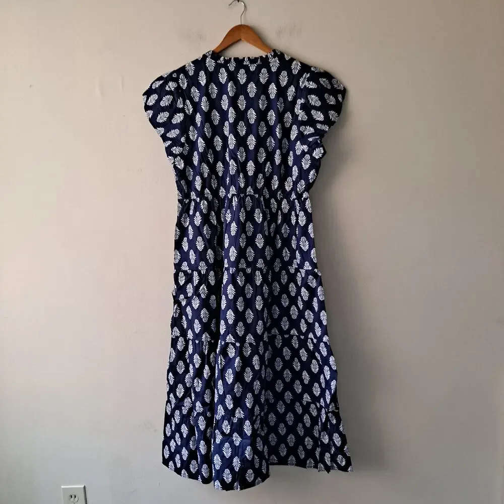 NWT J. Crew Factory Willa Dress Leaf Print Puff Sleeve Tiered Midi Navy Size 18 - Picture 5 of 13